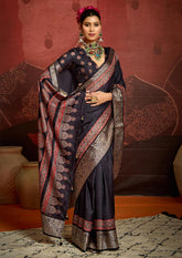 Purple Velvet Tusser Silk  Ajrakh Saree-INRA2006